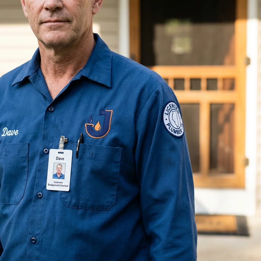 Licensed plumber showing ID badge in San Juan, PR