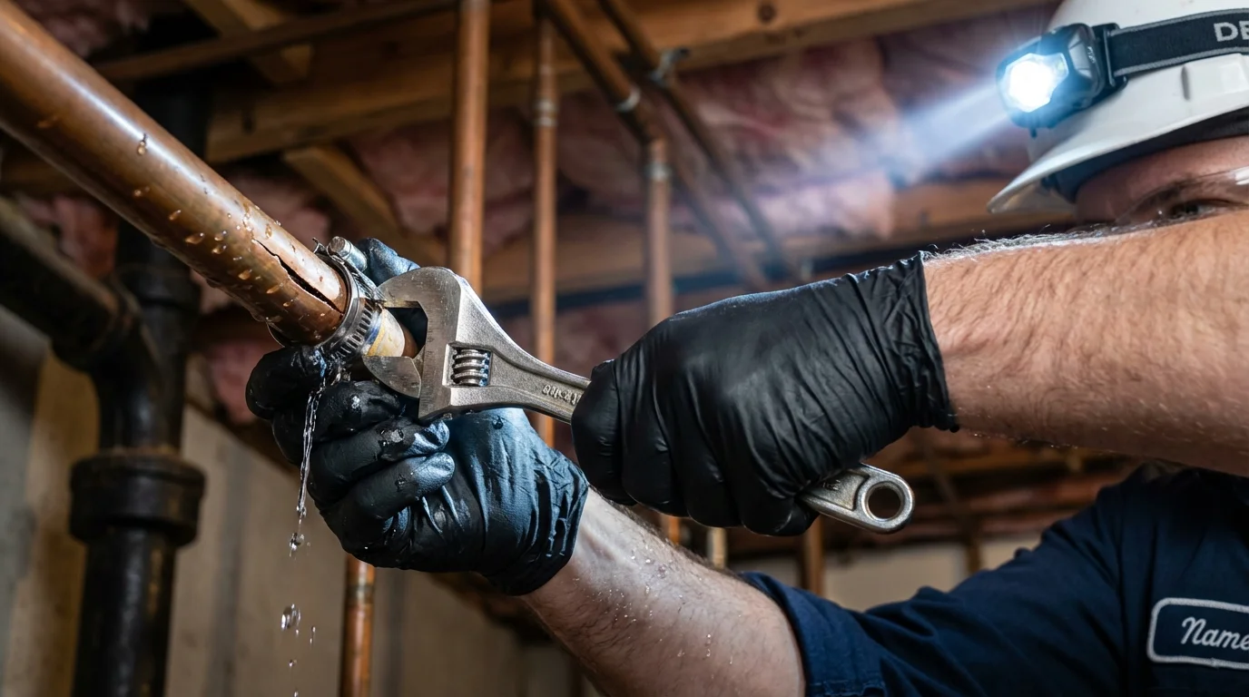 Emergency pipe clamp repair being performed by a Johns Plumbing LLC plumber in San Juan