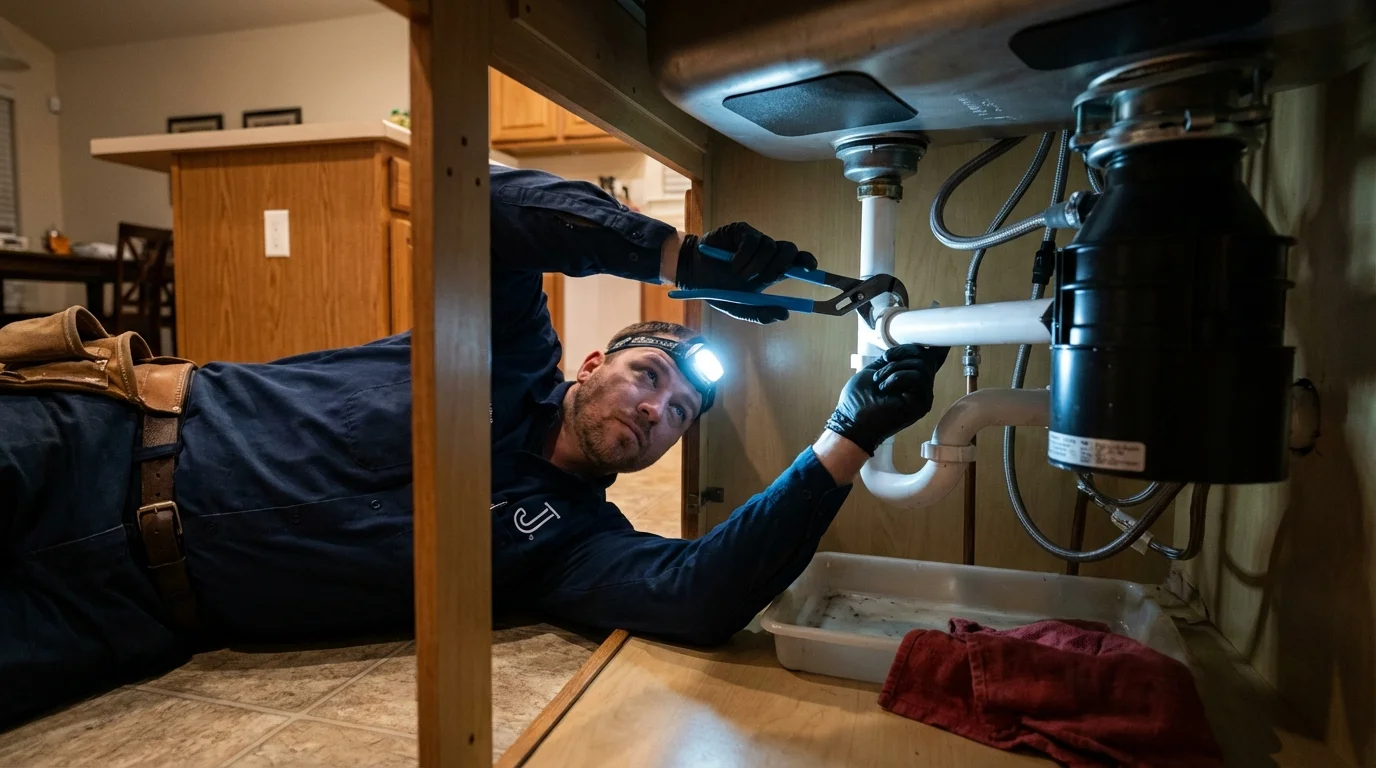 P-trap and supply line connections under a kitchen sink showing a common leak point in San Juan, PR